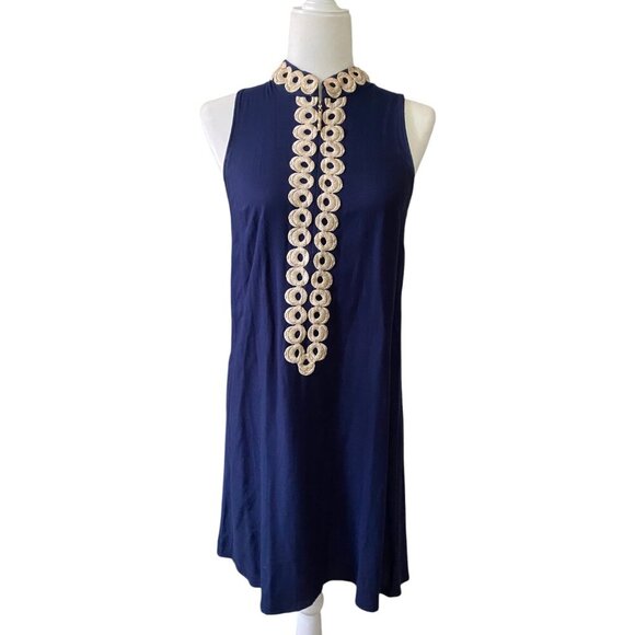 Lilly Pulitzer Jane Shift Dress, Timeless True Navy Gold Trim Zipper Sleeveless - Picture 2 of 7